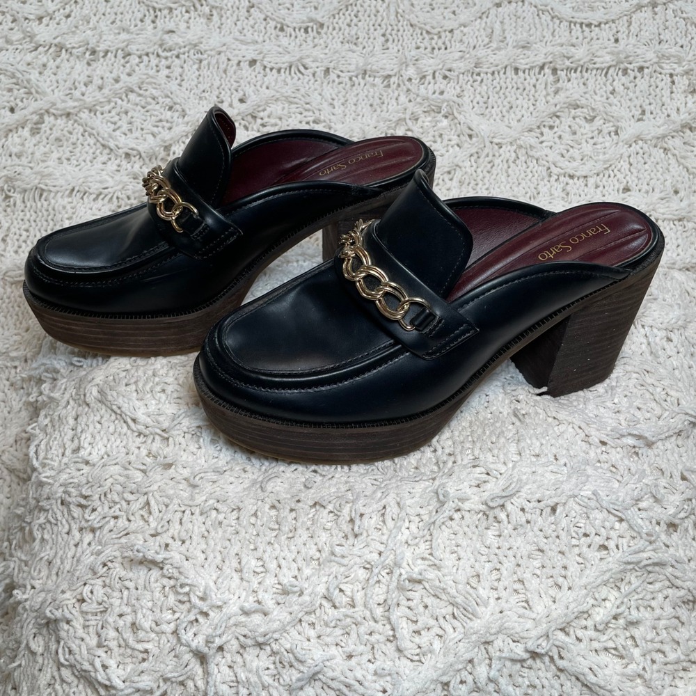 Franco Sarto Katra Black Platform Clog Mules Gold Chain Link Loafer‎ Heel 8M - Picture 4 of 9